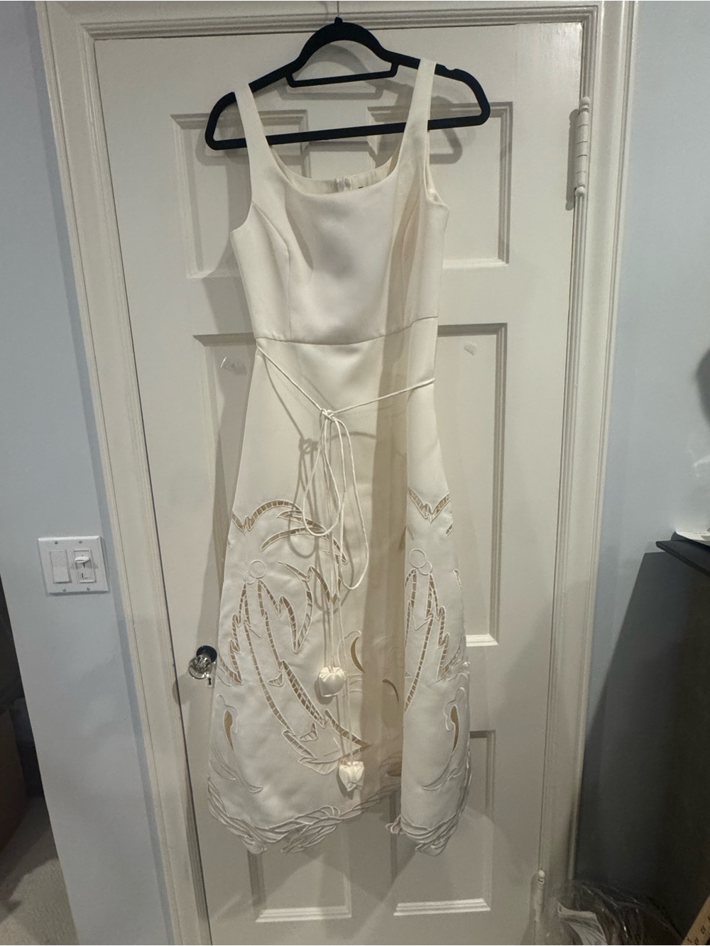 Cream Embroidered Midi Dress with Waist Tie